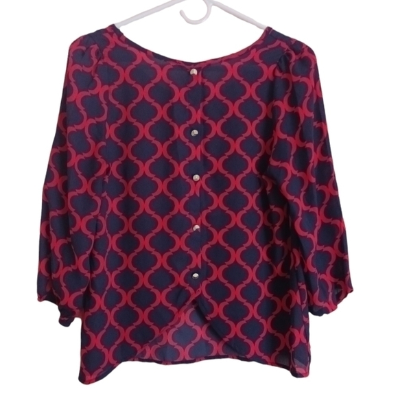 PEACH LOVE California Navy blue and red patterned button down back top - Picture 2 of 6